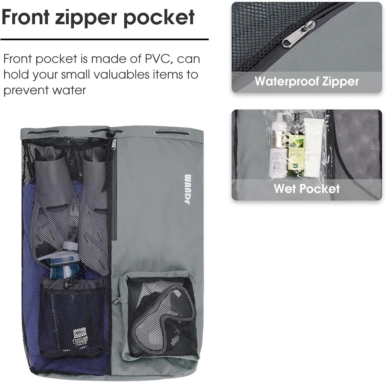 WANDF Swim Bag Mesh Drawstring Backpack with Wet Pocket for Swimming, Gym, and Workout Gear
