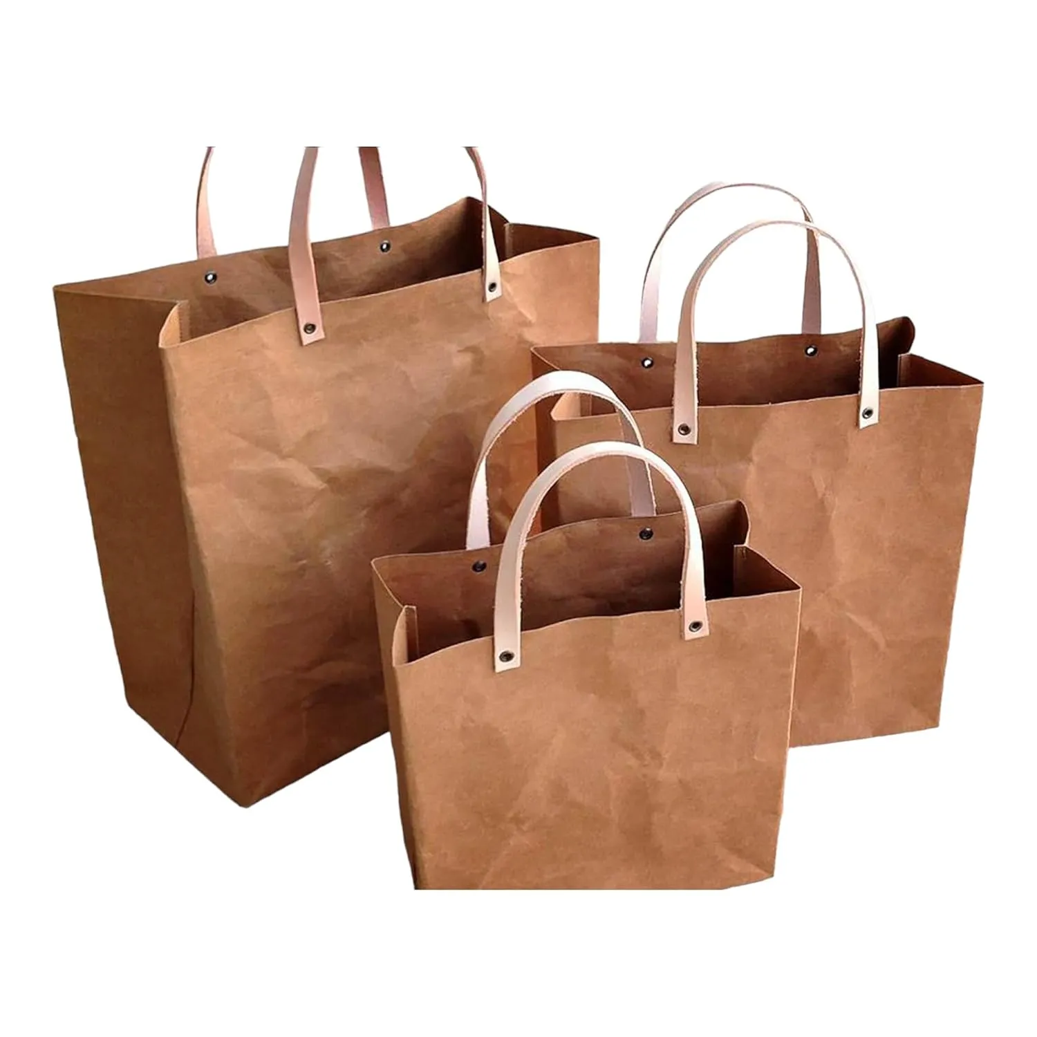 Washable Kraft paper SHOPPING BAG SET BROWN Color with natural leather handles Eco-Friendly Design