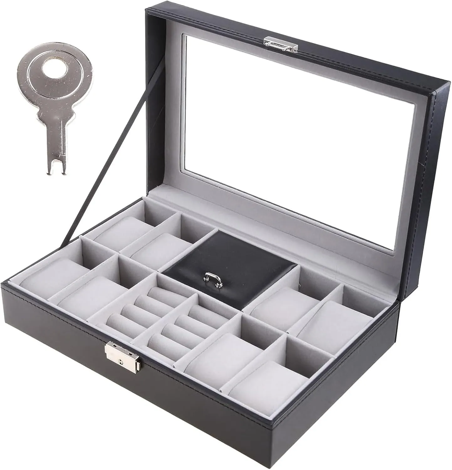 Watch Box 11.8in Multifunctional Watch Box Lockable Jewelry Box with Transparent Glass Lid Watch Storage Box for Watch Bracelet Ring Organizer Watch Case