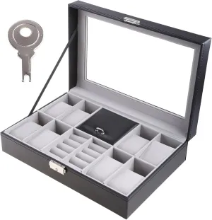 Watch Box 11.8in Multifunctional Watch Box Lockable Jewelry Box with Transparent Glass Lid Watch Storage Box for Watch Bracelet Ring Organizer Watch Case