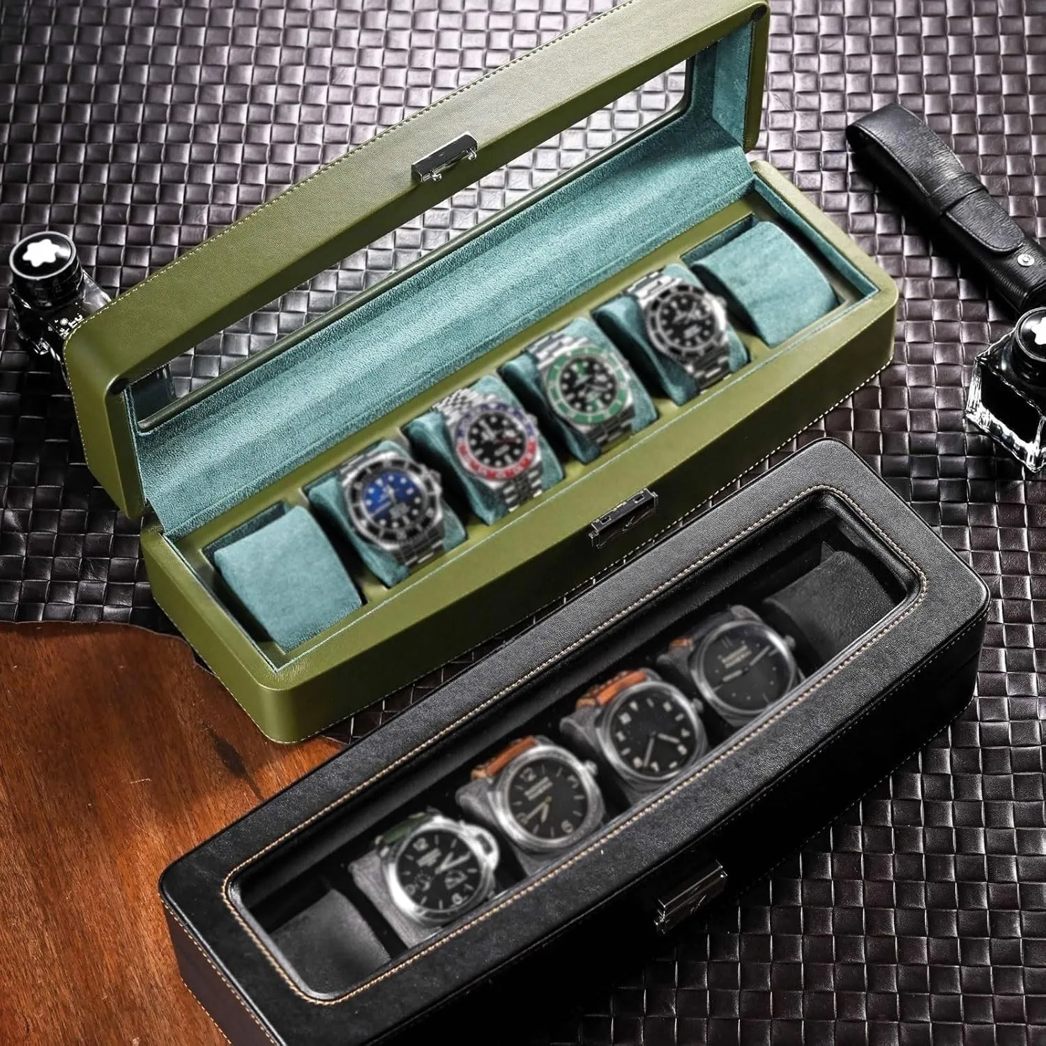 Watch Box 6-Digit Watch Collection Box High-end Watch Organizer Artificial Leather Watch Display Box Watch Organizer,Black(Green)