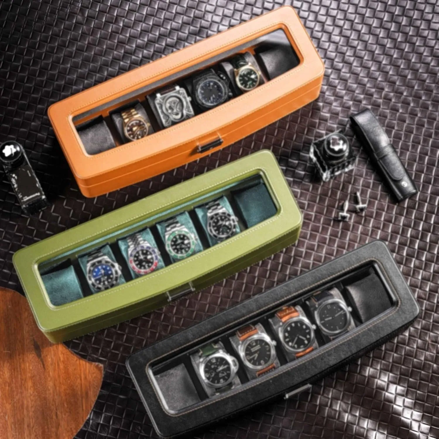 Watch Box 6-digit Watch Collection Box High-end Watch Organizer Artificial Leather Watch Display Box watch storage box(Green)