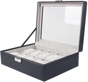 Watch Box Case Organizer Display Elegant Leather Storage 10 Grids Jewellery Holder
