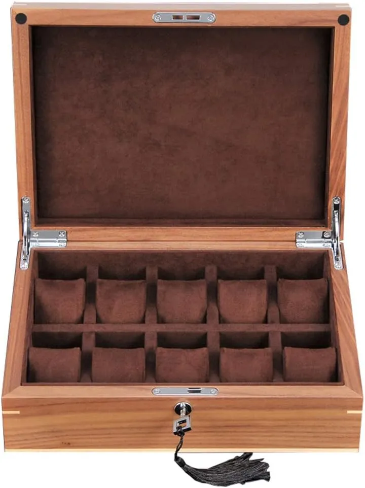 Watch Box for Mens Display Organizer Wood 10 Slots Storage Case Women Jewelry Bracelet with Lockable Metal Lock