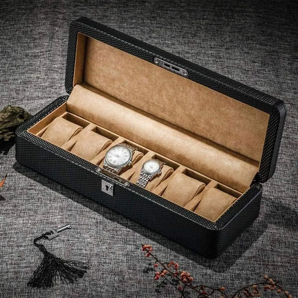 Watch Box - Leather Watch Box Six Grid Wooden Mechanical Watch Display Collection Storage Box with Lock Present Elegant