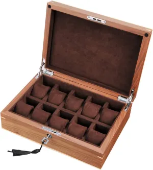 Watch Storage Box for Men/Women Wooden 10 Slots Jewellery Bracelet Collections Travel Case with Soft Pillows Lockable Metal Lock