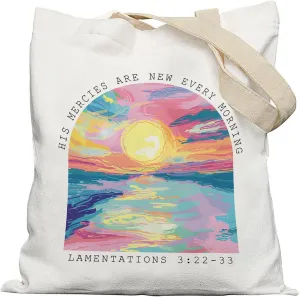 Watercolor Boho Christian Tote Bag, Gifts for Women, His Mercies Are New Every Morning Canvas Bags, Bible Verse Gifts, Reusable Grocery and Shopping Bags