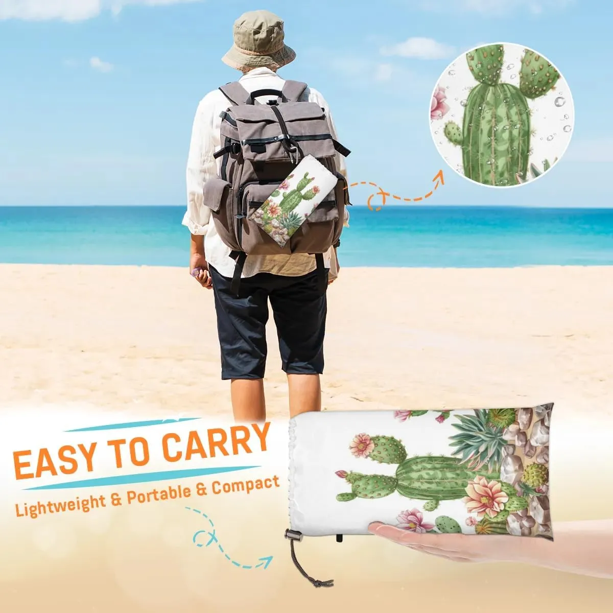 Watercolor Cacti Beach Blanket, Sandproof Beach Mat, Adults Waterproof Quick Drying Sand Free Mat with 4 x Ground Spikes for Outdoor Travel Camping Hiking, Cactus