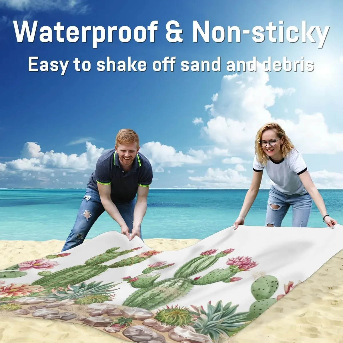 Watercolor Cacti Beach Blanket, Sandproof Beach Mat, Adults Waterproof Quick Drying Sand Free Mat with 4 x Ground Spikes for Outdoor Travel Camping Hiking, Cactus