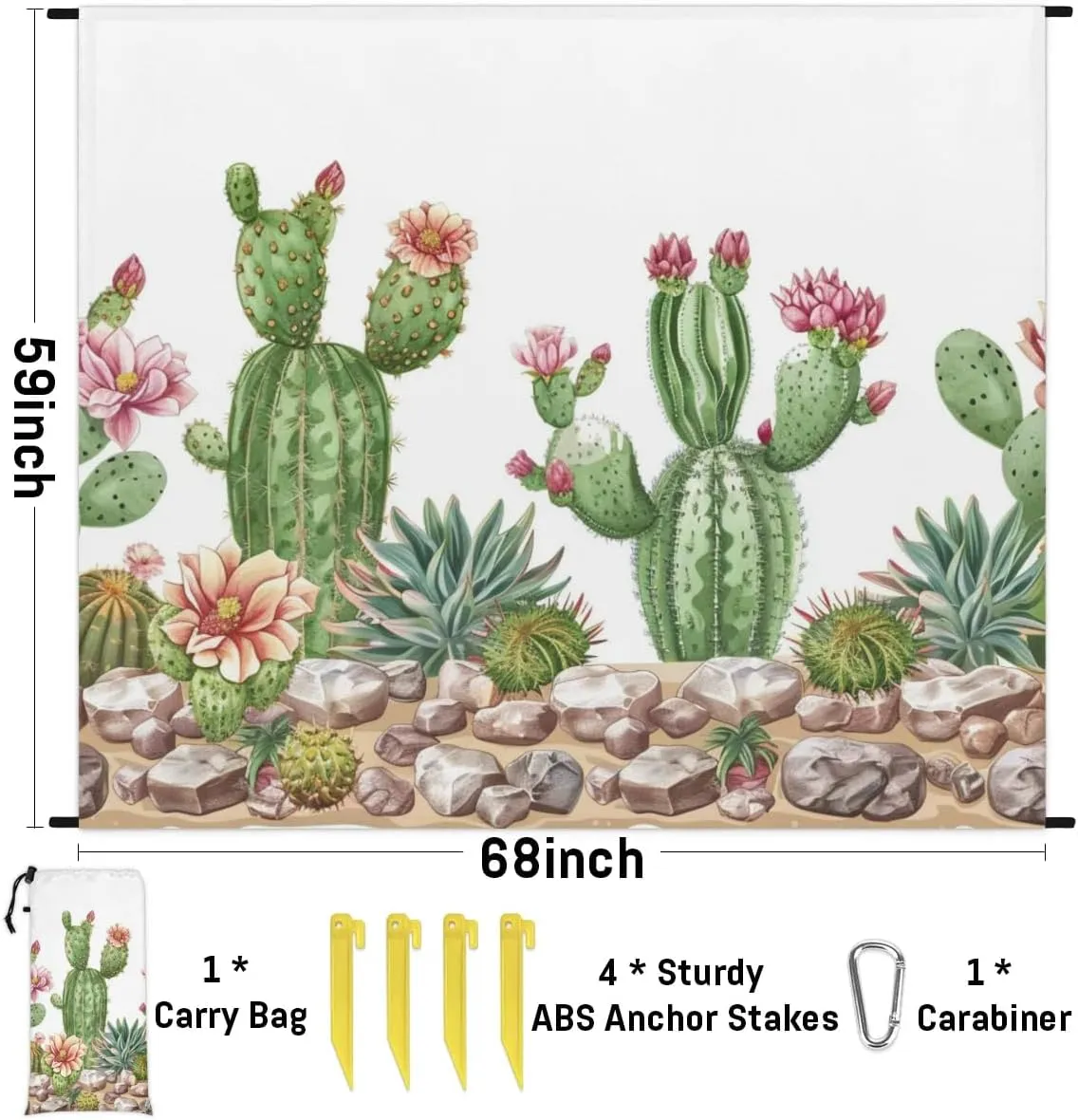 Watercolor Cacti Beach Blanket, Sandproof Beach Mat, Adults Waterproof Quick Drying Sand Free Mat with 4 x Ground Spikes for Outdoor Travel Camping Hiking, Cactus