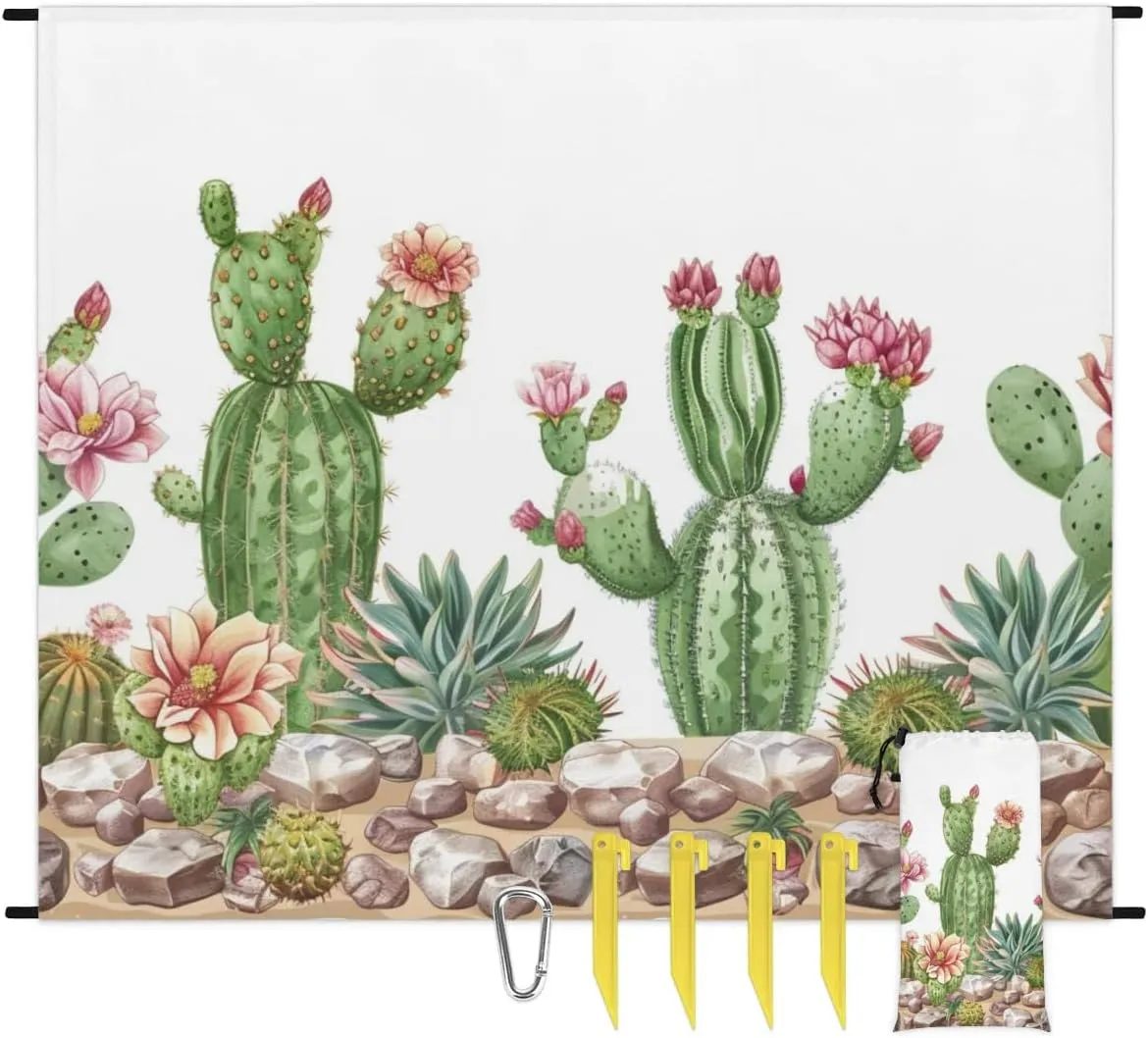 Watercolor Cacti Beach Blanket, Sandproof Beach Mat, Adults Waterproof Quick Drying Sand Free Mat with 4 x Ground Spikes for Outdoor Travel Camping Hiking, Cactus