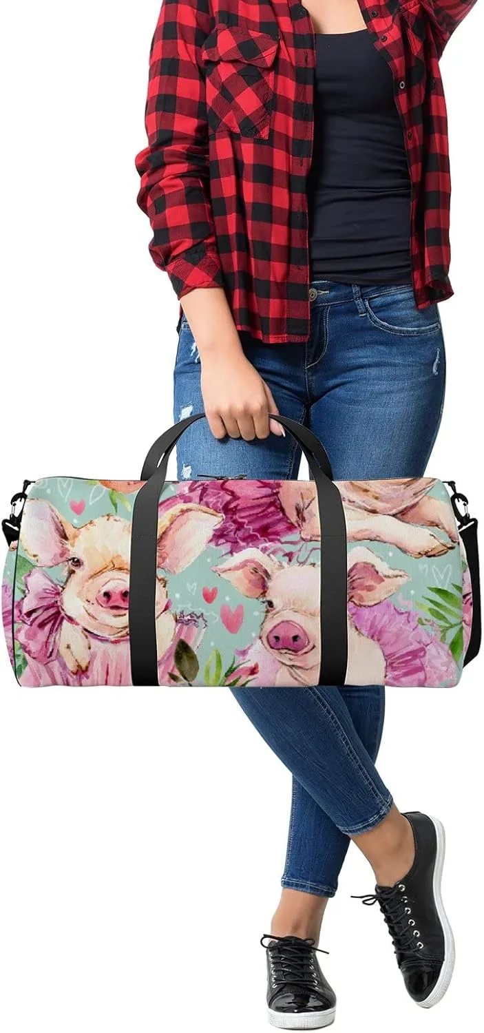 Watercolor Cute Pig with Roses Floral Sports Duffel Bag Travel Gym Tote Bags Lightweight Durable Shoulder Strap Waterproof Polyester Outside Mesh Pocket Overnight Trip Duffel Bag for Women Men