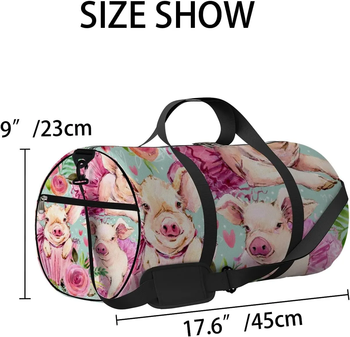 Watercolor Cute Pig with Roses Floral Sports Duffel Bag Travel Gym Tote Bags Lightweight Durable Shoulder Strap Waterproof Polyester Outside Mesh Pocket Overnight Trip Duffel Bag for Women Men