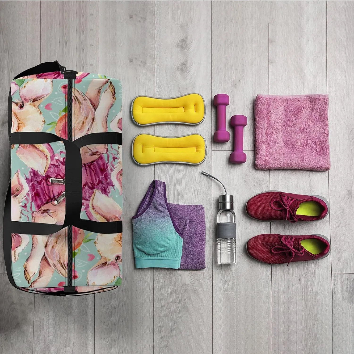 Watercolor Cute Pig with Roses Floral Sports Duffel Bag Travel Gym Tote Bags Lightweight Durable Shoulder Strap Waterproof Polyester Outside Mesh Pocket Overnight Trip Duffel Bag for Women Men
