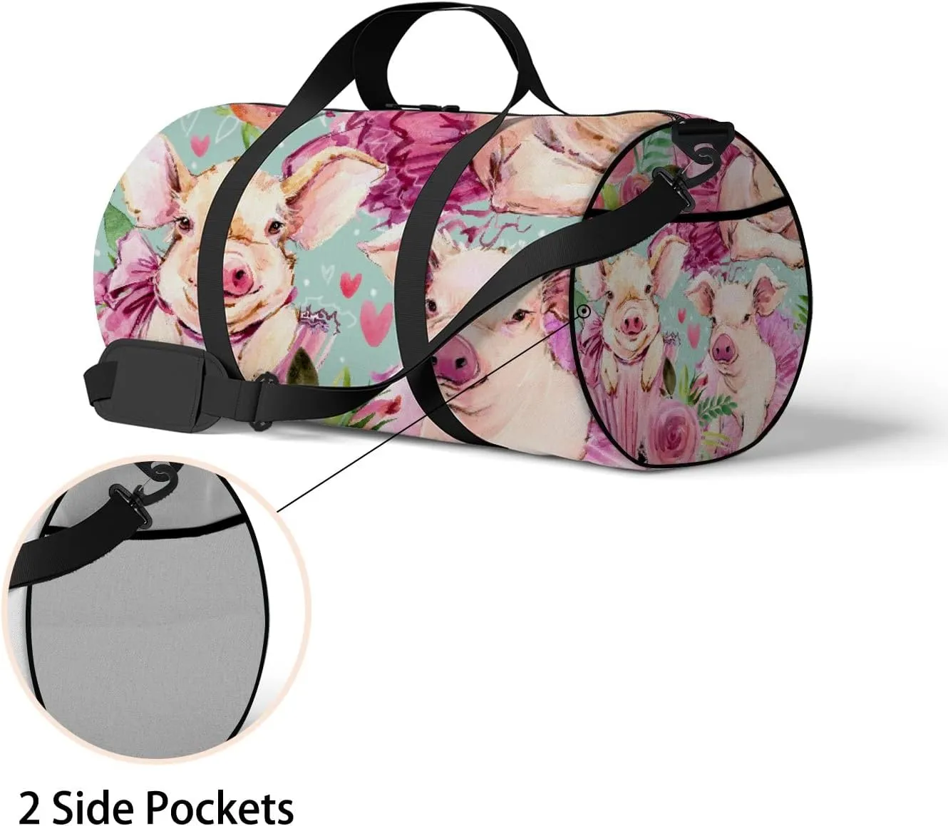 Watercolor Cute Pig with Roses Floral Sports Duffel Bag Travel Gym Tote Bags Lightweight Durable Shoulder Strap Waterproof Polyester Outside Mesh Pocket Overnight Trip Duffel Bag for Women Men