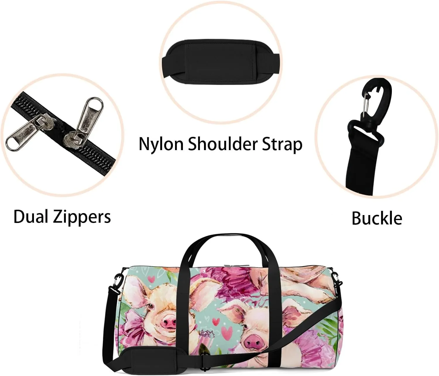 Watercolor Cute Pig with Roses Floral Sports Duffel Bag Travel Gym Tote Bags Lightweight Durable Shoulder Strap Waterproof Polyester Outside Mesh Pocket Overnight Trip Duffel Bag for Women Men