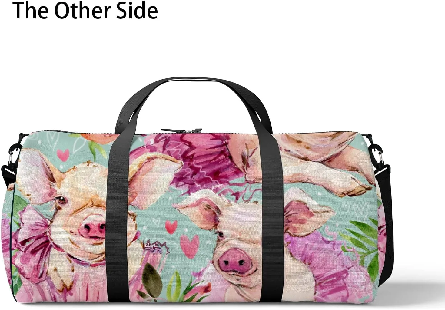 Watercolor Cute Pig with Roses Floral Sports Duffel Bag Travel Gym Tote Bags Lightweight Durable Shoulder Strap Waterproof Polyester Outside Mesh Pocket Overnight Trip Duffel Bag for Women Men