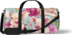 Watercolor Cute Pig with Roses Floral Sports Duffel Bag Travel Gym Tote Bags Lightweight Durable Shoulder Strap Waterproof Polyester Outside Mesh Pocket Overnight Trip Duffel Bag for Women Men