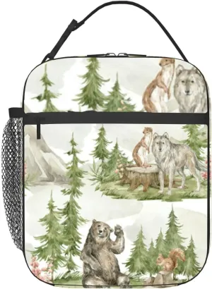 Watercolor forest landscape Trees spruce animals mountains wolf bear Insulated Iunch Bag for Men Woman Large Portable Waterproof Reusable Thermal Lunch Box with Pockets for Work Travel Picnic