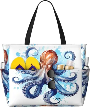 Watercolor Ocean Octopus Beach Bag Large Waterproof Sandproof Tote Bag Women Zipper Travel Beach Bags Swim Pool Gym Shopping Grocery Handbag