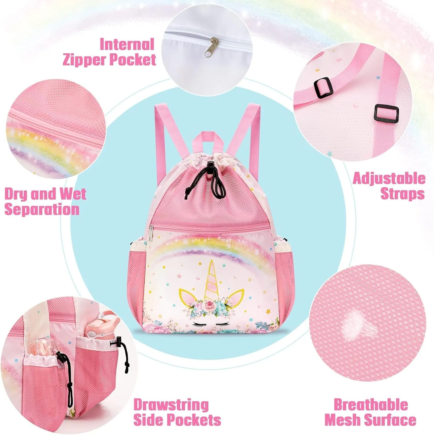 WAWSAM Pink Girls Kids Drawstring Backpack - Mesh Drawstring Bag for Girls Swim Bag with Waterproof Zipper Pocket Kids Beach Backpack for Swimming Pool Sport Yoga Travel Mesh Gym Bag