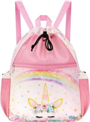 WAWSAM Pink Girls Kids Drawstring Backpack - Mesh Drawstring Bag for Girls Swim Bag with Waterproof Zipper Pocket Kids Beach Backpack for Swimming Pool Sport Yoga Travel Mesh Gym Bag