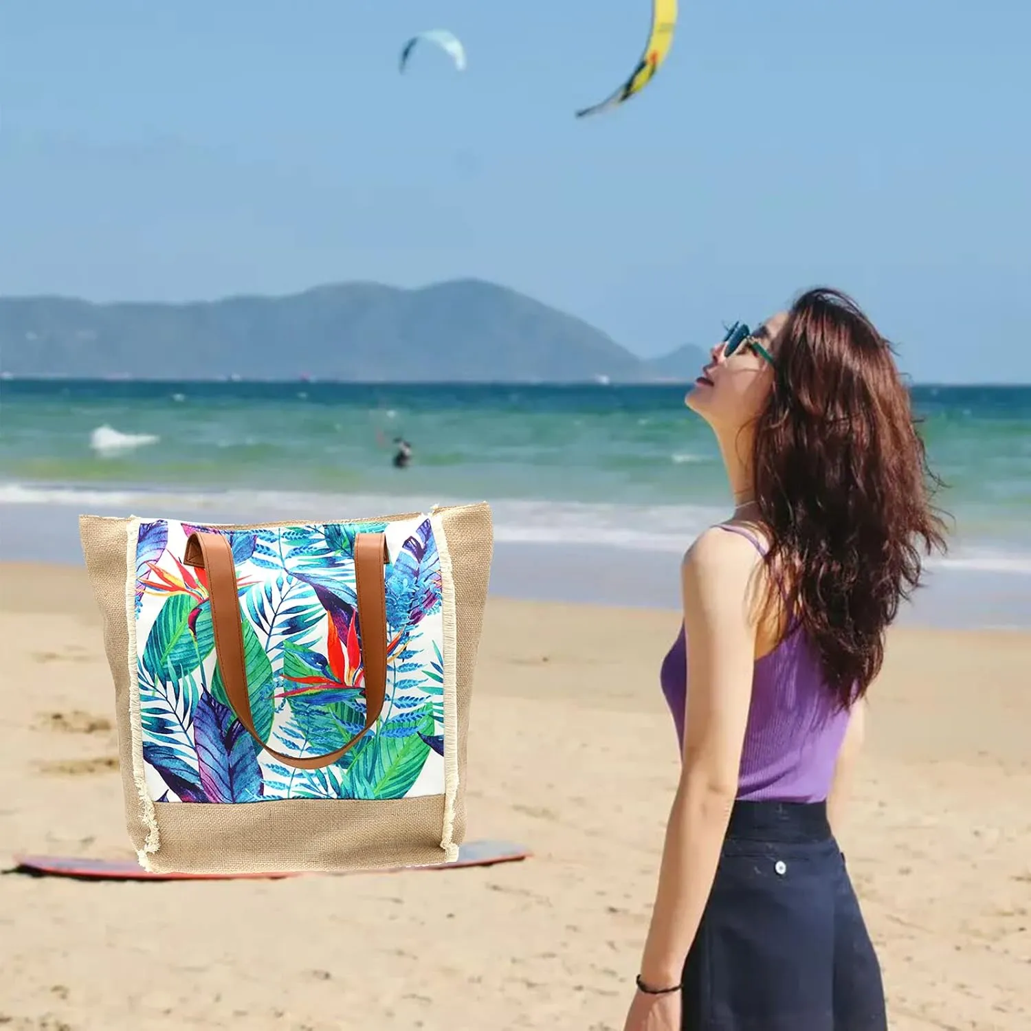 We We Large Beach Tote bag for Women Canvas Straw Tavel Tote Bag Waterproof Shoulder Bag Handbag for Gym Swim