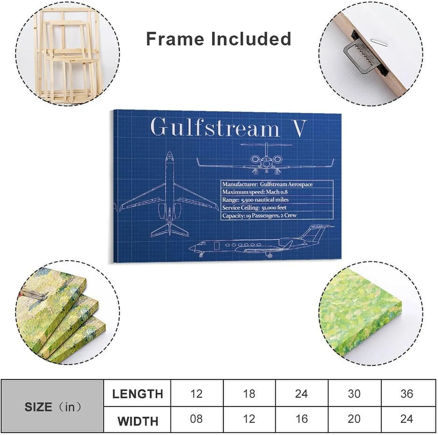 Westcsn Gulfstream V Specifications Poster G5 Psoter GV Canvas Art Poster And Wall Art Picture Print Modern Family Bedroom Decor Posters 24x36inch(60x90cm), Frame-style