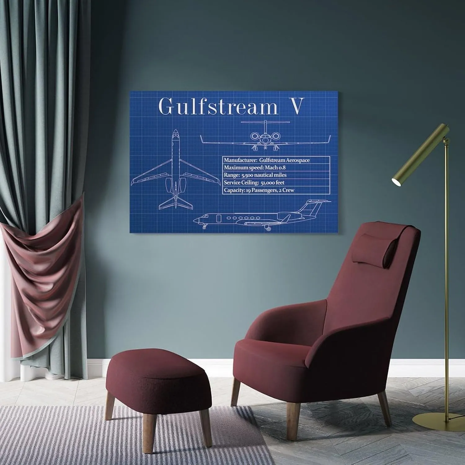 Westcsn Gulfstream V Specifications Poster G5 Psoter GV Canvas Art Poster And Wall Art Picture Print Modern Family Bedroom Decor Posters 24x36inch(60x90cm), Frame-style