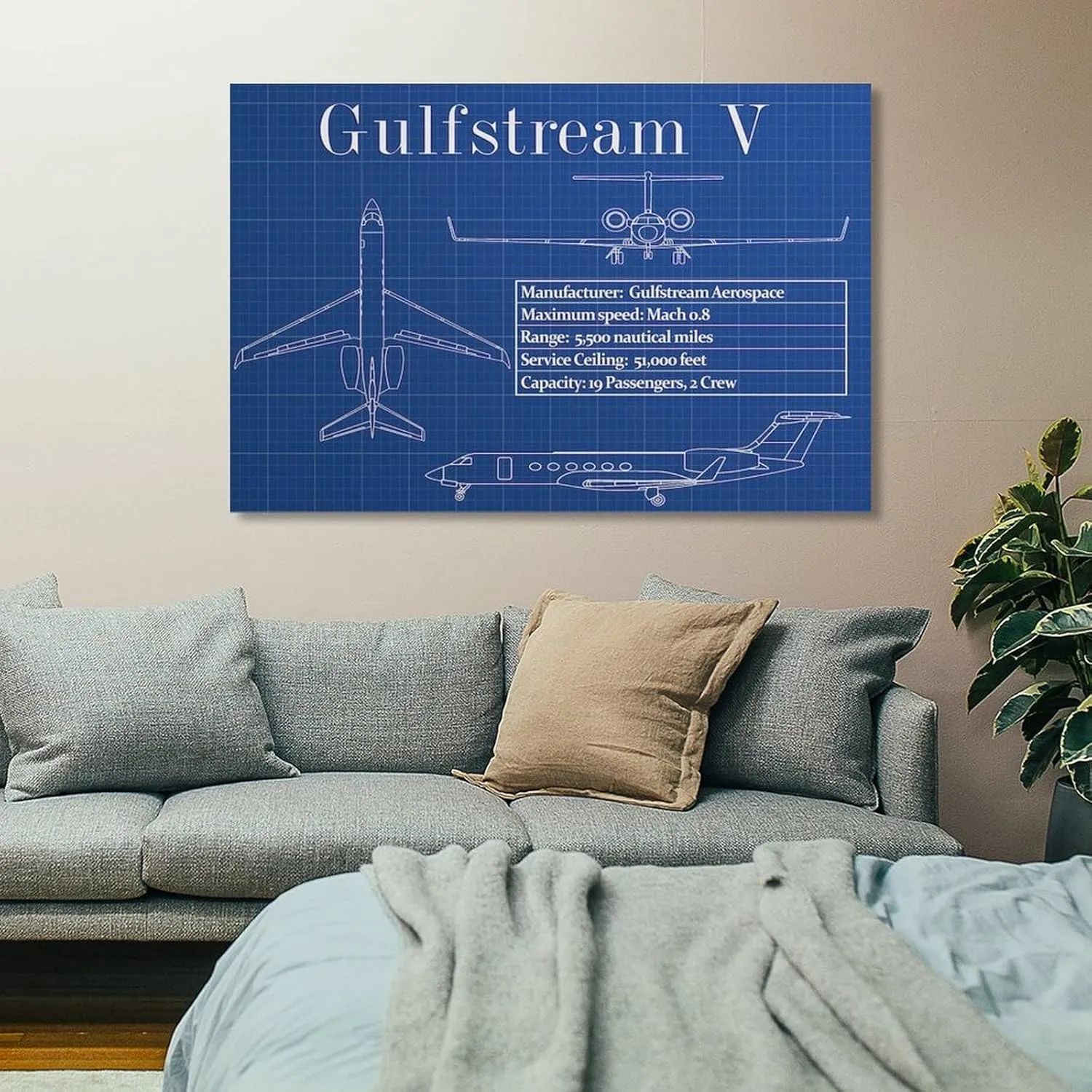 Westcsn Gulfstream V Specifications Poster G5 Psoter GV Canvas Art Poster And Wall Art Picture Print Modern Family Bedroom Decor Posters 24x36inch(60x90cm), Frame-style