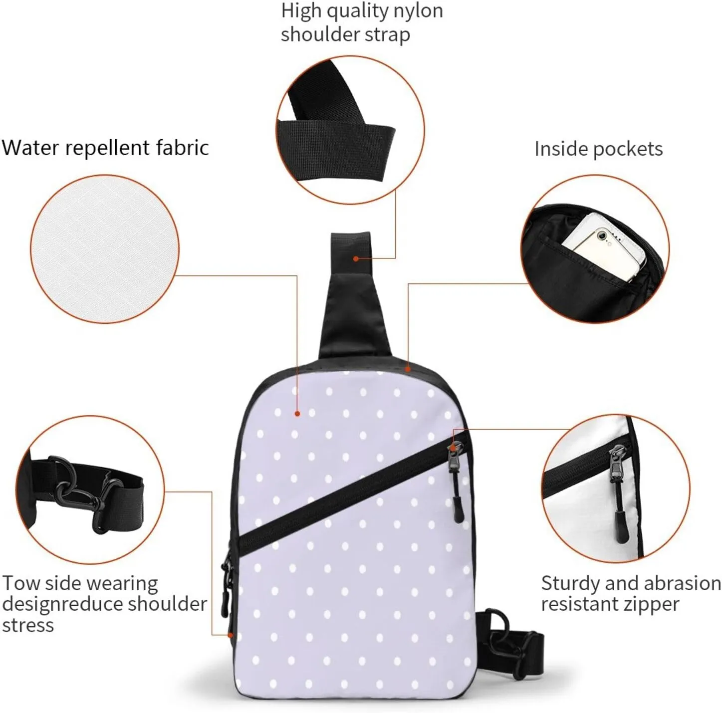 White Polka Dot Sling Bag for Men Women, Small Crossbody Sling Backpack Shoulder Chest Bag, Anti Theft Travel Hiking Sports