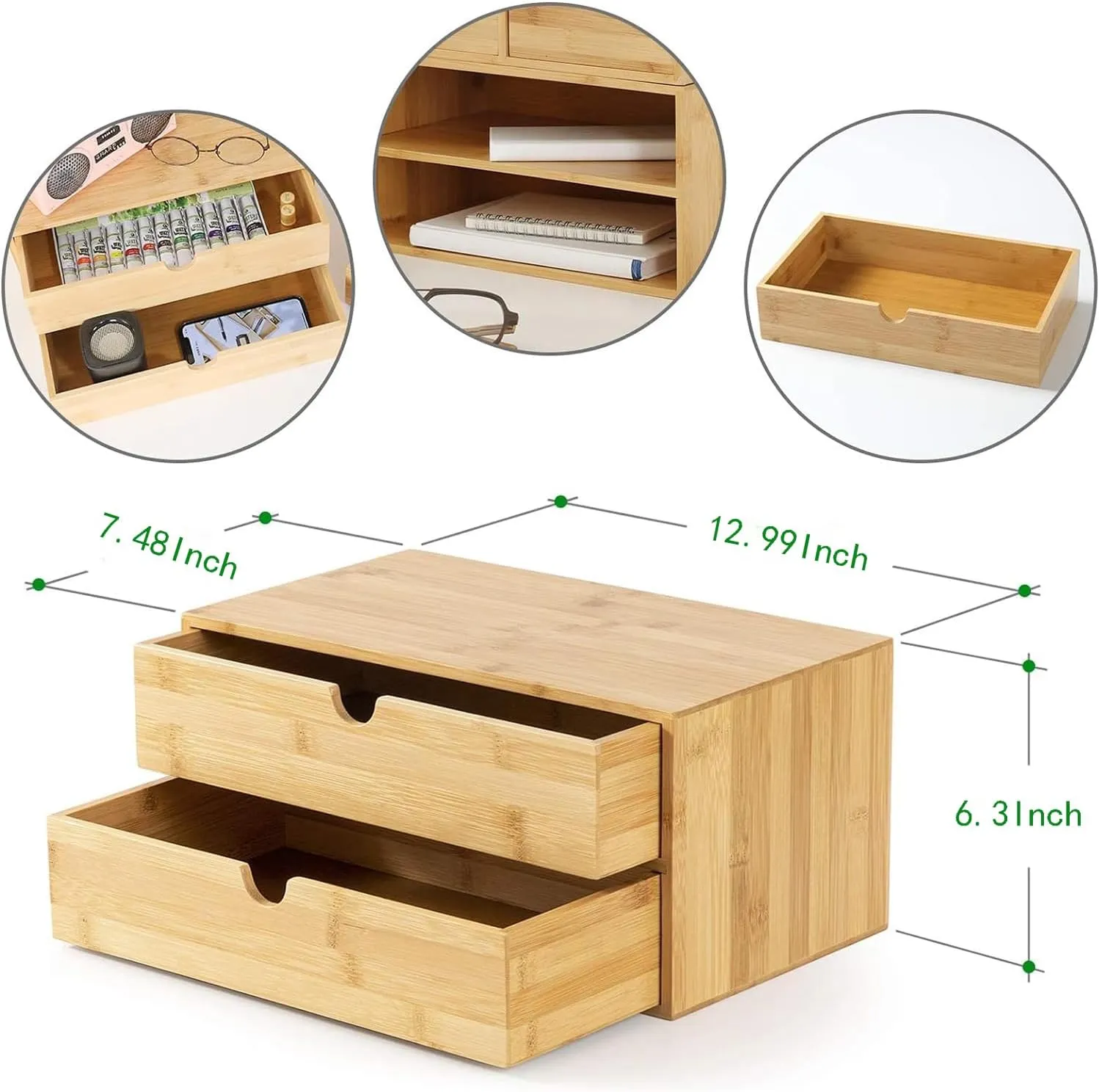 Wisuce Bamboo Desk Drawer Organizer, 2 Drawer Desktop Organizer with Drawers Tabletop Storage Organization Box for Office Home Toiletries Supplies Vanity, No Assembly Required