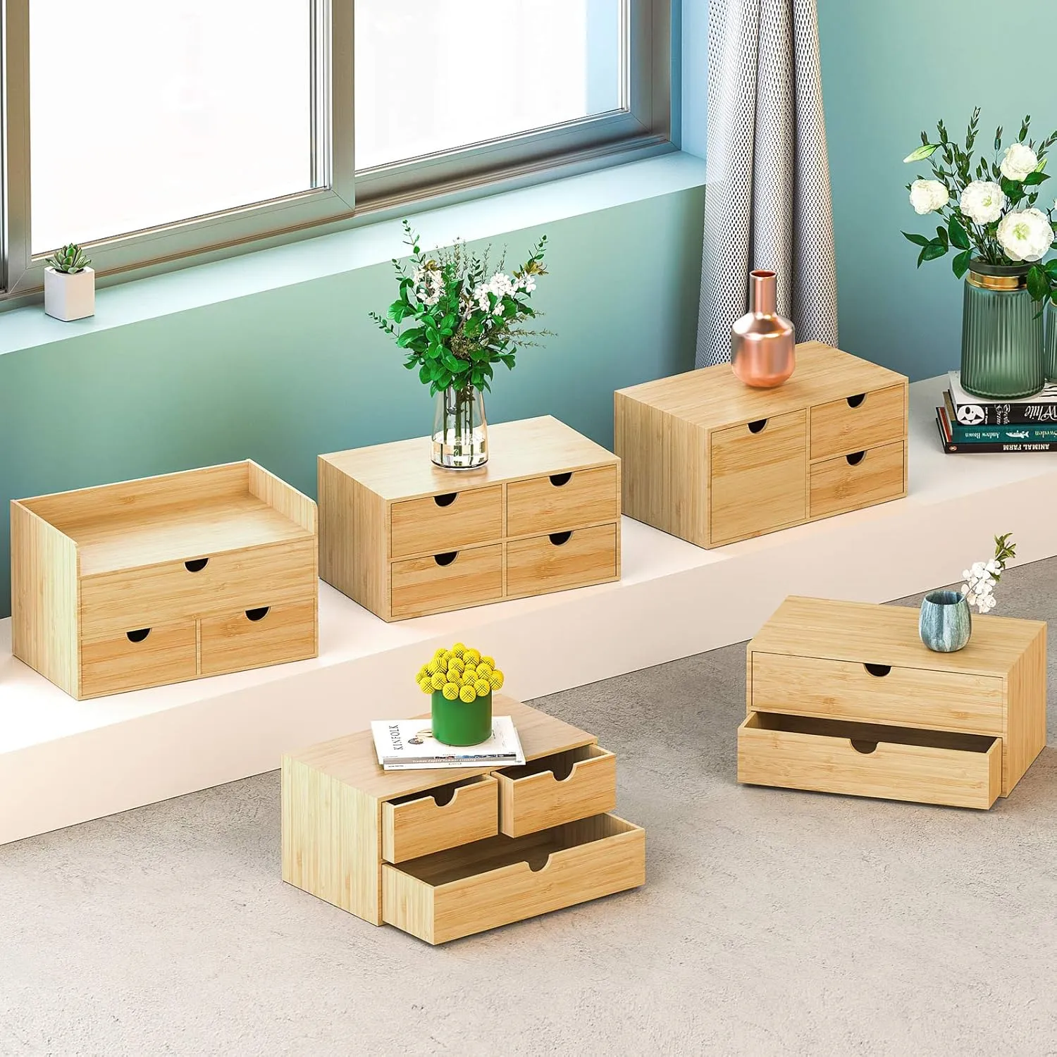 Wisuce Bamboo Desk Drawer Organizer, 2 Drawer Desktop Organizer with Drawers Tabletop Storage Organization Box for Office Home Toiletries Supplies Vanity, No Assembly Required