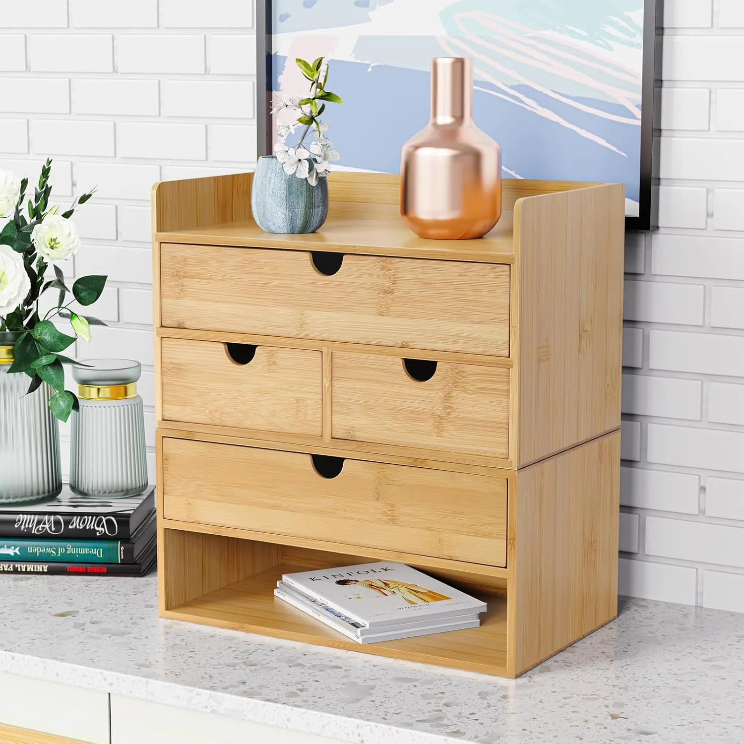 Wisuce Bamboo Desk Drawer Organizer, 2 Drawer Desktop Organizer with Drawers Tabletop Storage Organization Box for Office Home Toiletries Supplies Vanity, No Assembly Required