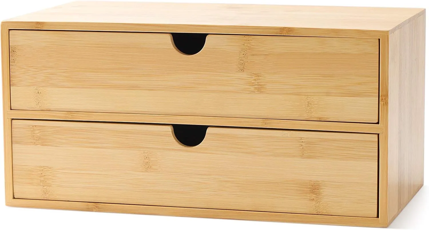 Wisuce Bamboo Desk Drawer Organizer, 2 Drawer Desktop Organizer with Drawers Tabletop Storage Organization Box for Office Home Toiletries Supplies Vanity, No Assembly Required