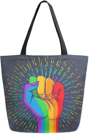 Woman Tote Bag Rainbow Fist Pride Shoulder Handbag for Work Travel Business Beach Shopping