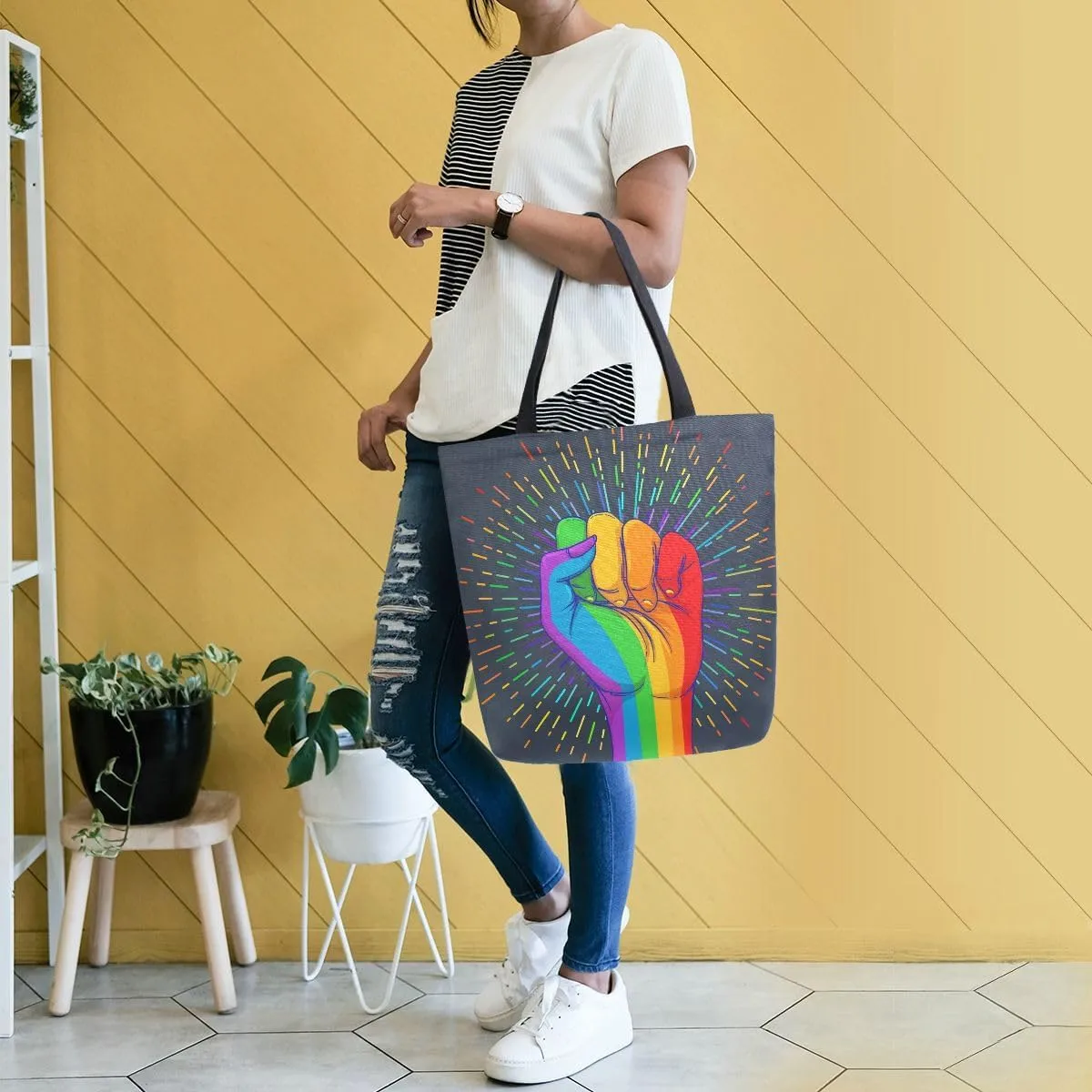 Woman Tote Bag Rainbow Fist Pride Shoulder Handbag for Work Travel Business Beach Shopping