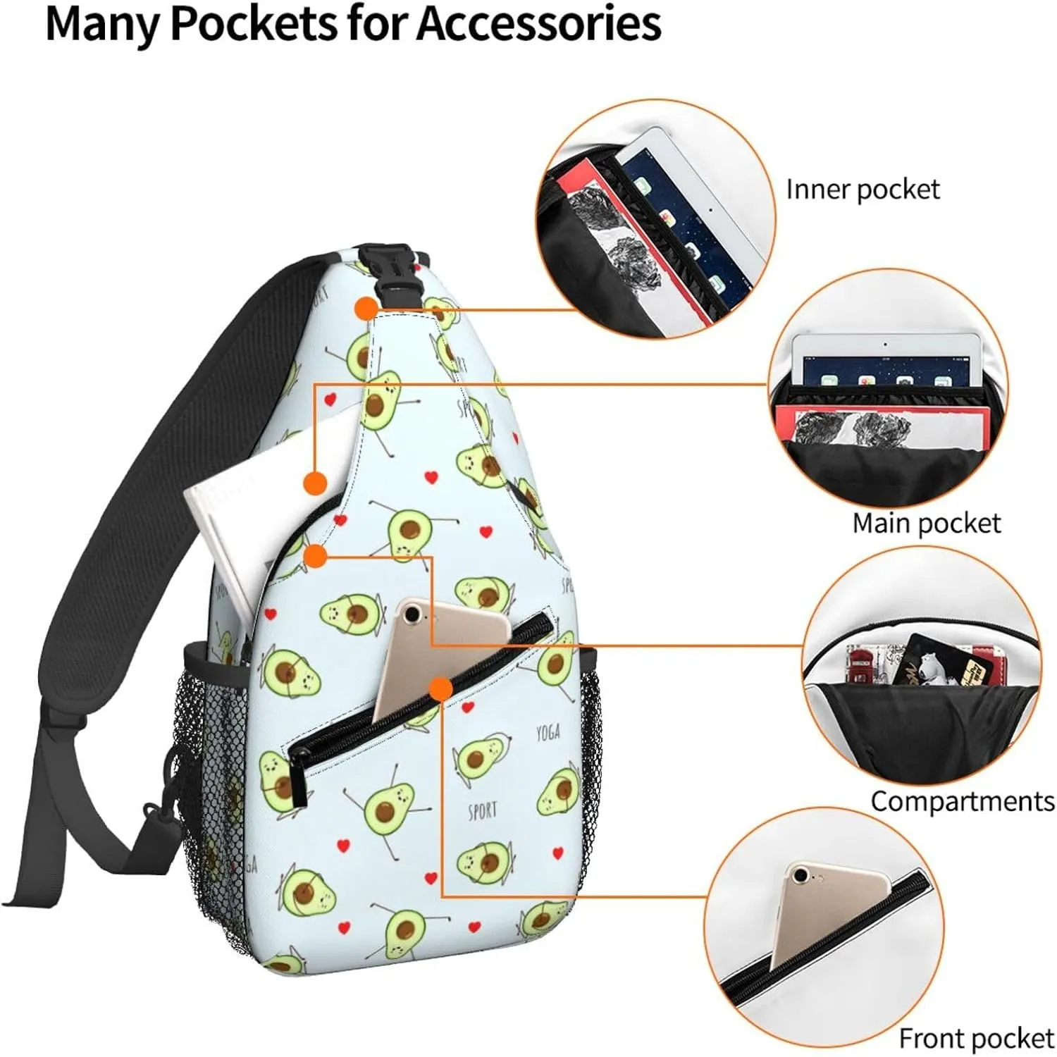 Women Avocado Yoga Cartoon Pattern Crossbody Sling Backpack for Men Chest Bag Shoulder Bag Lightweight One Strap Backpack Travel Outdoor Daypack