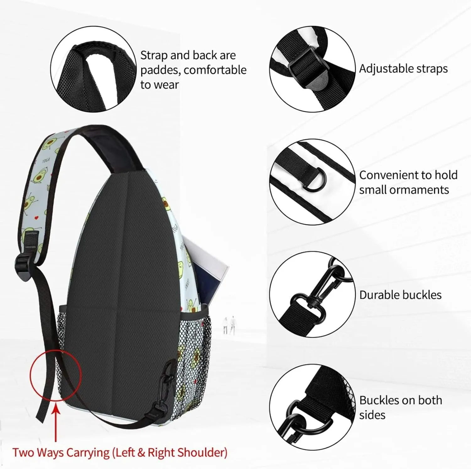 Women Avocado Yoga Cartoon Pattern Crossbody Sling Backpack for Men Chest Bag Shoulder Bag Lightweight One Strap Backpack Travel Outdoor Daypack