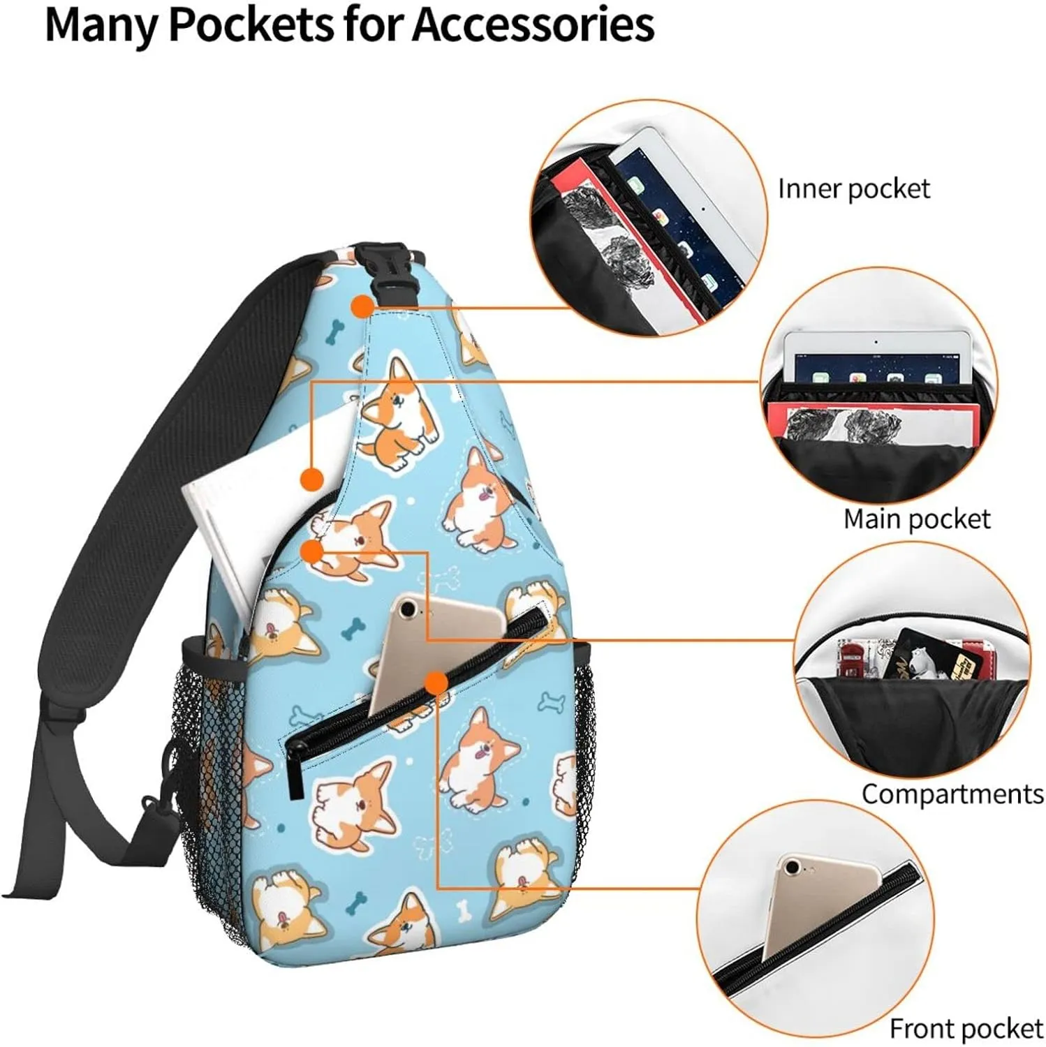 Women Corgi Dog Doodle Blue Crossbody Sling Backpack for Men Chest Bag Shoulder Bag Lightweight One Strap Backpack Travel Outdoor Daypack