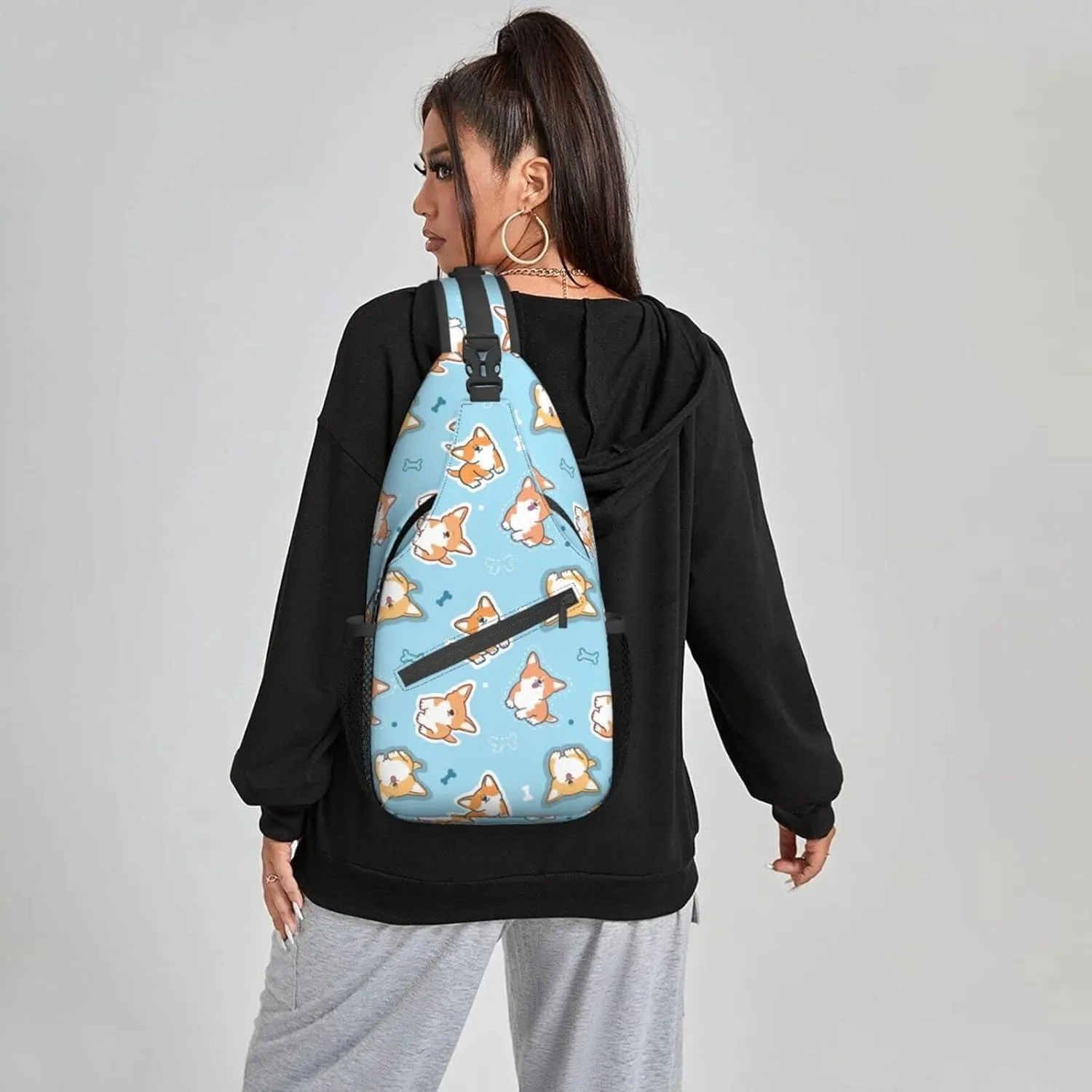 Women Corgi Dog Doodle Blue Crossbody Sling Backpack for Men Chest Bag Shoulder Bag Lightweight One Strap Backpack Travel Outdoor Daypack