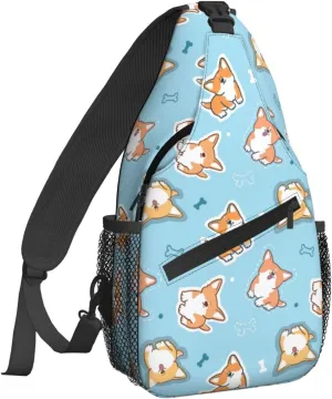 Women Corgi Dog Doodle Blue Crossbody Sling Backpack for Men Chest Bag Shoulder Bag Lightweight One Strap Backpack Travel Outdoor Daypack