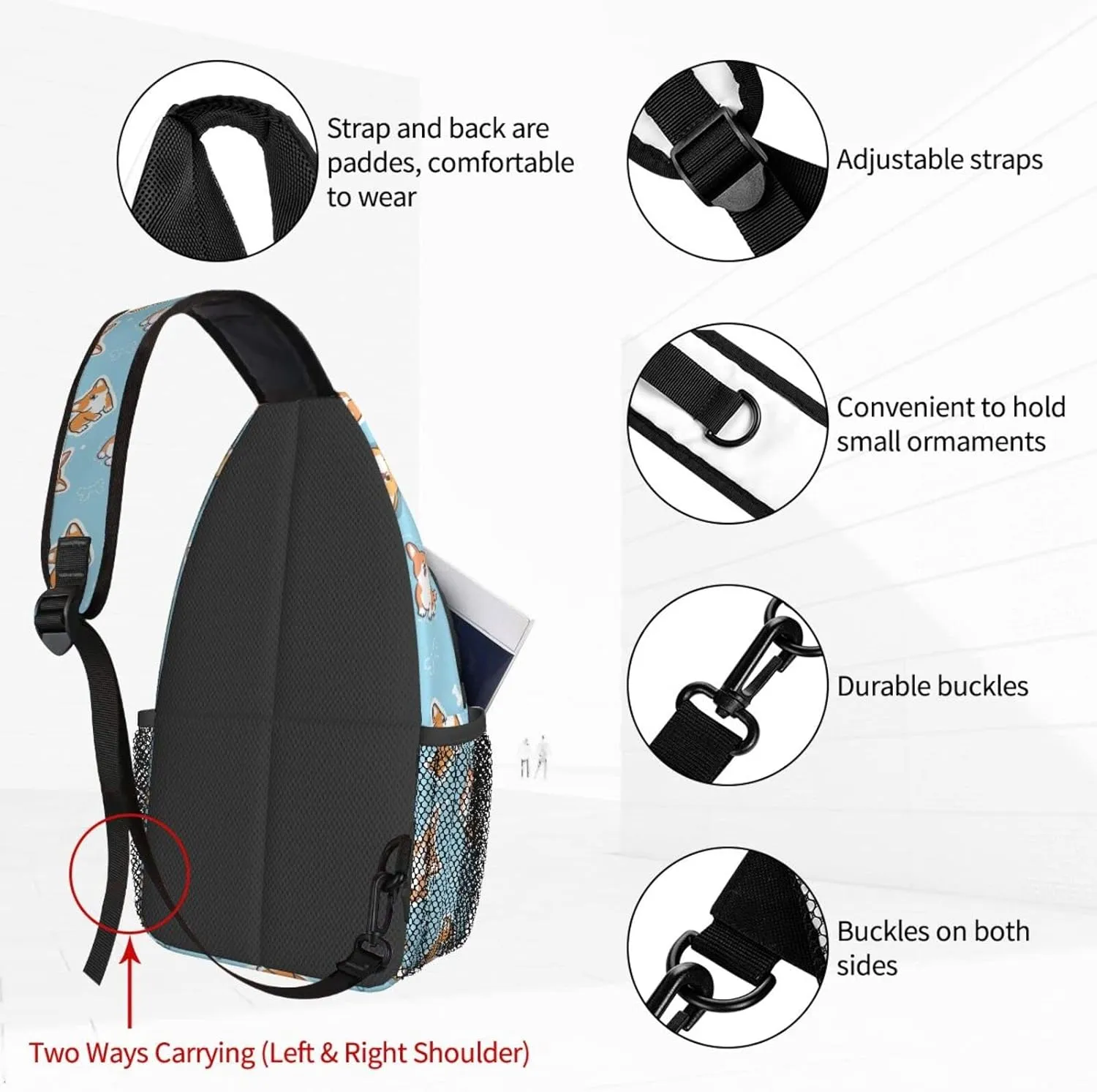 Women Corgi Dog Doodle Blue Crossbody Sling Backpack for Men Chest Bag Shoulder Bag Lightweight One Strap Backpack Travel Outdoor Daypack
