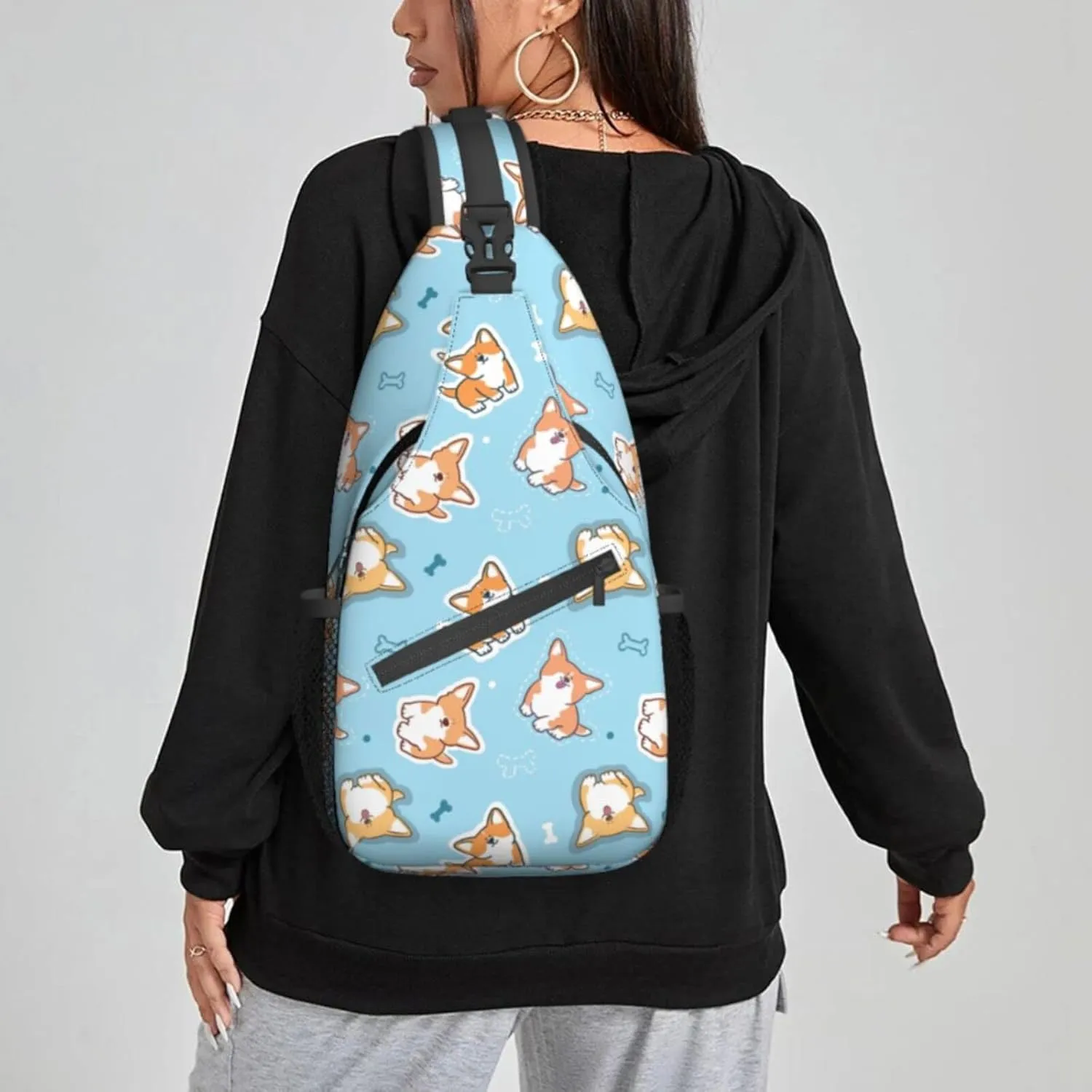 Women Corgi Dog Doodle Blue Crossbody Sling Backpack for Men Chest Bag Shoulder Bag Lightweight One Strap Backpack Travel Outdoor Daypack