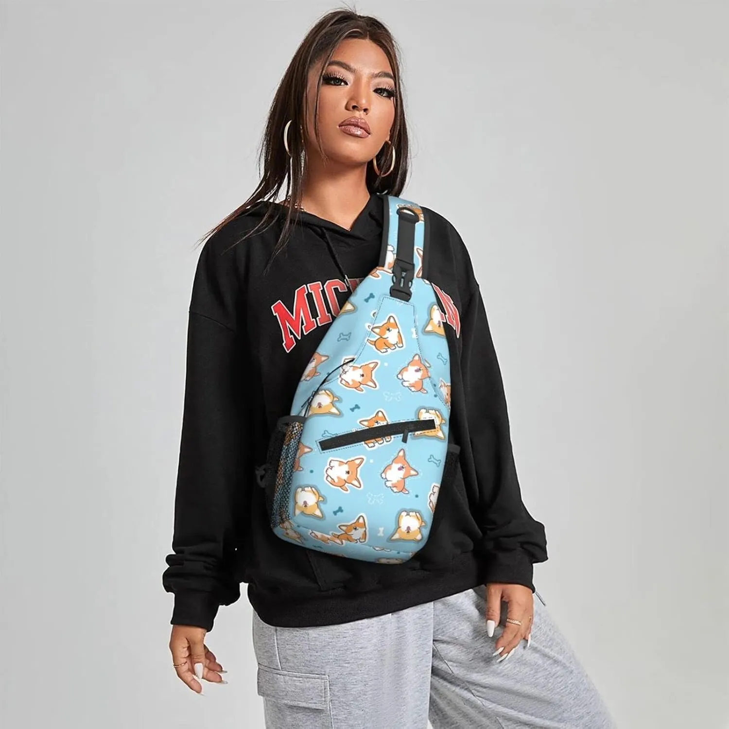 Women Corgi Dog Doodle Blue Crossbody Sling Backpack for Men Chest Bag Shoulder Bag Lightweight One Strap Backpack Travel Outdoor Daypack