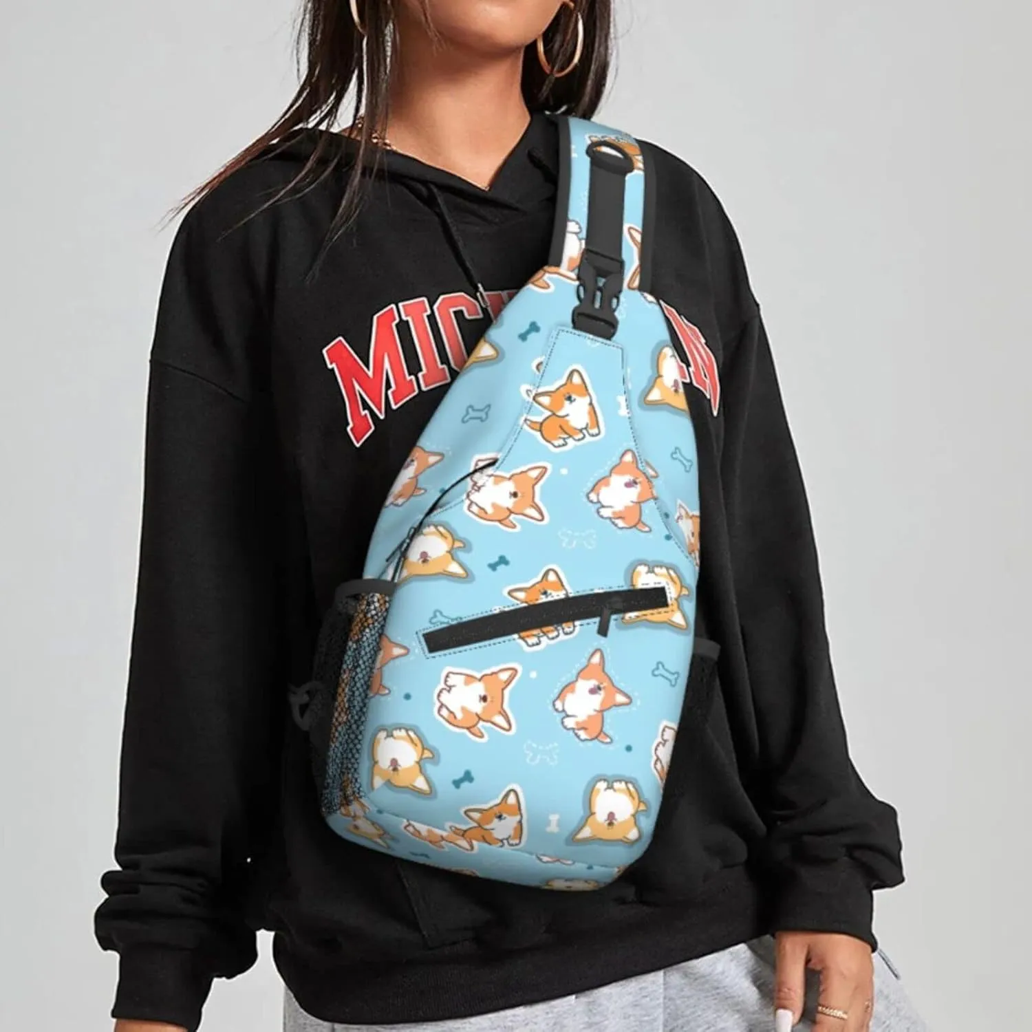 Women Corgi Dog Doodle Blue Crossbody Sling Backpack for Men Chest Bag Shoulder Bag Lightweight One Strap Backpack Travel Outdoor Daypack