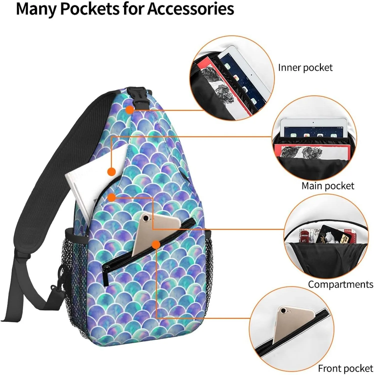 Women Cute Mermaid Scales Crossbody Sling Backpack for Men Chest Bag Shoulder Bag Lightweight One Strap Backpack Travel Outdoor Daypack