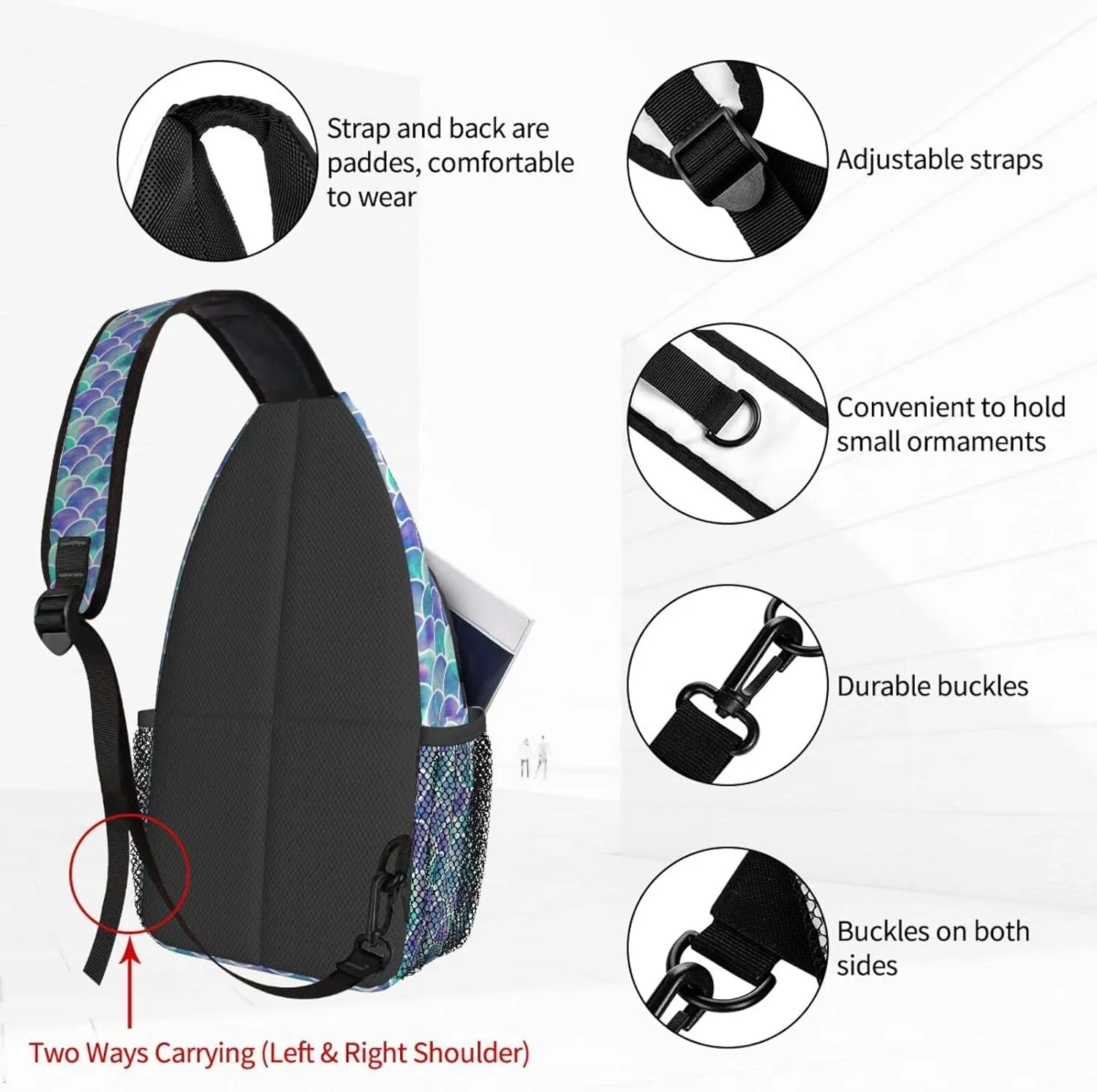 Women Cute Mermaid Scales Crossbody Sling Backpack for Men Chest Bag Shoulder Bag Lightweight One Strap Backpack Travel Outdoor Daypack