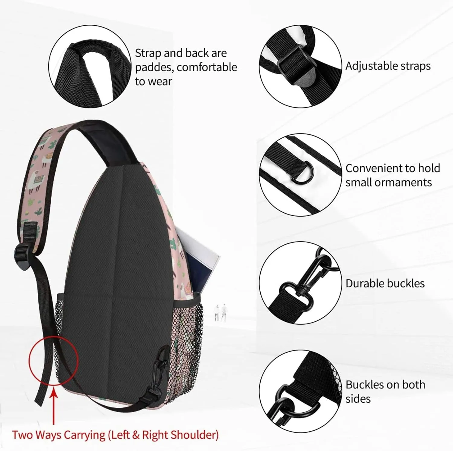 Women Hand Drawn Llama Cactus Crossbody Sling Backpack for Men Chest Bag Shoulder Bag Lightweight One Strap Backpack Travel Outdoor Daypack