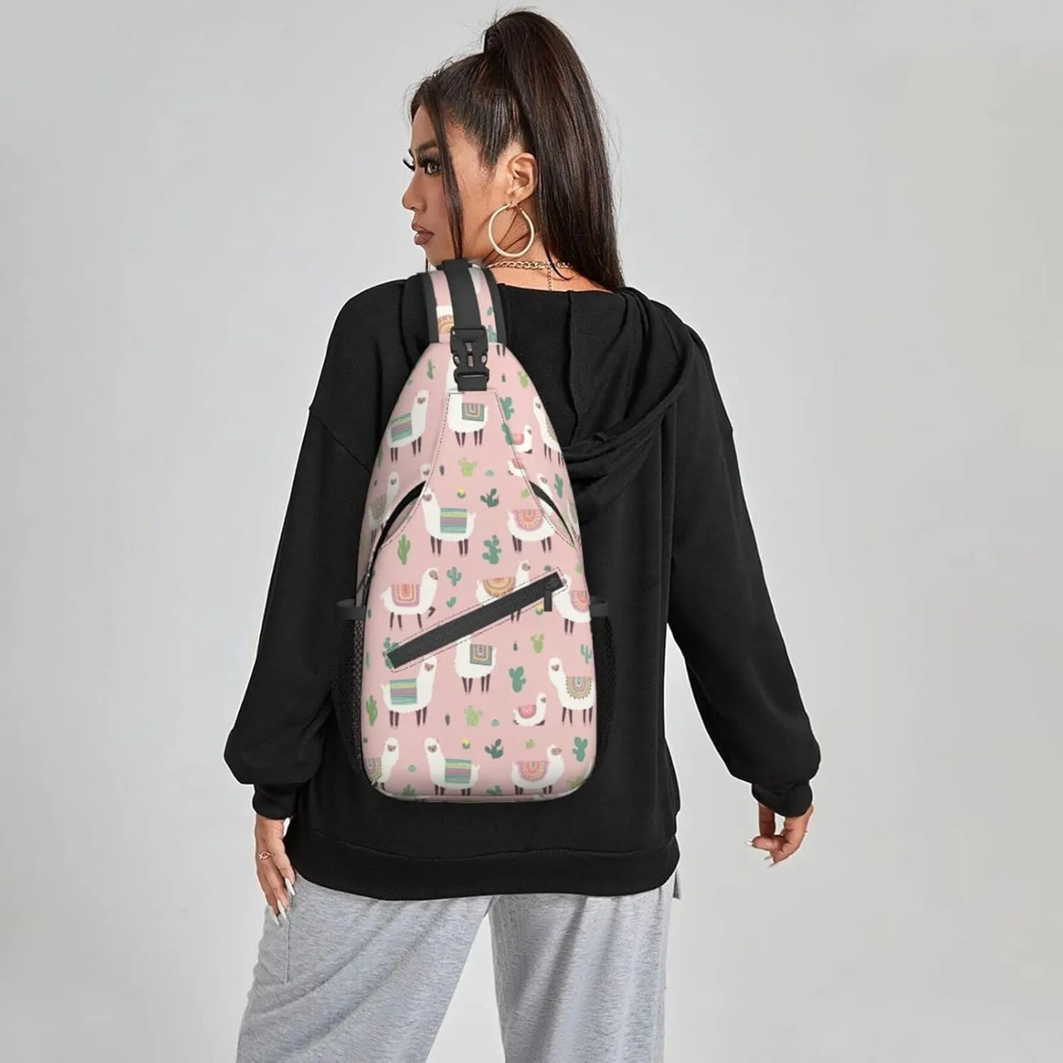 Women Hand Drawn Llama Cactus Crossbody Sling Backpack for Men Chest Bag Shoulder Bag Lightweight One Strap Backpack Travel Outdoor Daypack